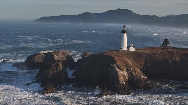 Aerial view of Yaquina Head Lighthouse in Newport, Oregan USA