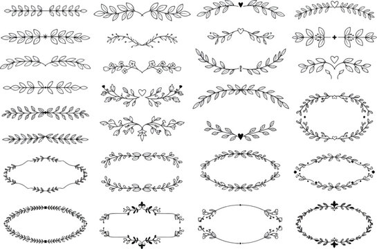 A collection of hand-drawn floral dividers and decorative oval frames.