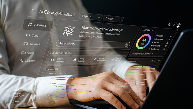 AI coding assistant on laptop, hands typing code with artificial intelligence chatbot interface, software development analytics dashboard, programmer using generative AI tool, code editor technology