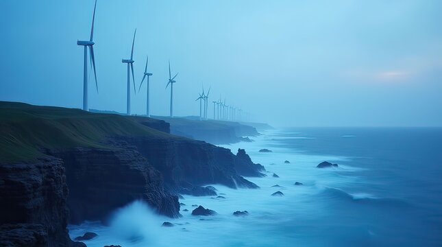 line of wind turbines standing on a rocky cliff along the coast under a blue twilight sky with ocean waves crashing against the shore