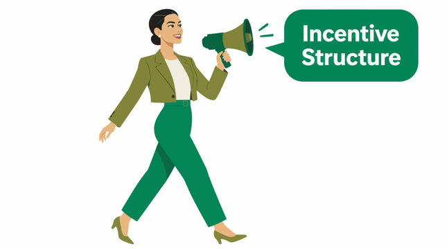 Businesswoman holding megaphone with incentive structure text.