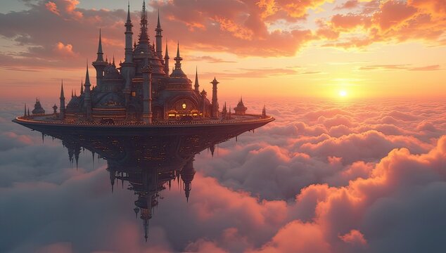 floating castle in the sky at sunset with orange clouds and fantasy architecture