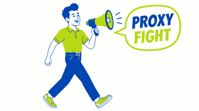 Cartoon man holding megaphone with proxy fight text.