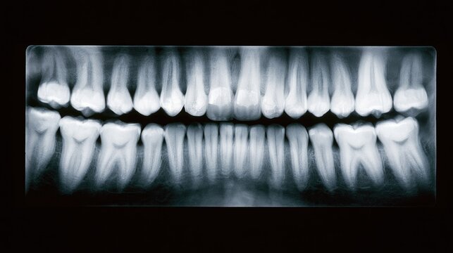 Panoramic dental radiograph displaying full set of upper and lower teeth
