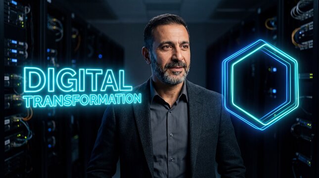 Middle-aged Middle Eastern businessman stands confident in server room with neon digital transformation sign