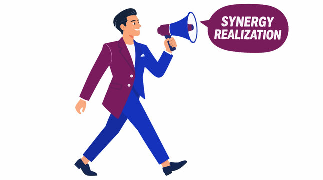 Businessman holding megaphone for synergy realization concept.