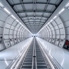 Fototapeta premium Symmetrical perspective view inside an empty cargo aircraft fuselage with metallic ribbed walls, industrial transport architecture