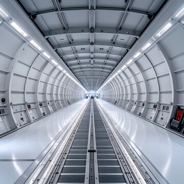 Symmetrical perspective view inside an empty cargo aircraft fuselage with metallic ribbed walls, industrial transport architecture
