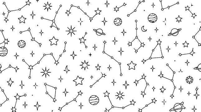 Hand Drawn Celestial Constellations and Planets Pattern.