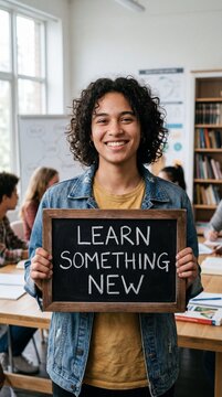 Smiling young mixed-race person holding a chalkboard sign saying Learn Something New in a classroom