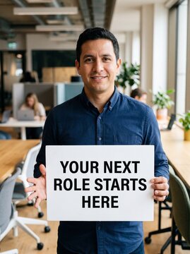 Confident Latino man in his 30s holding a career opportunity sign in a modern office