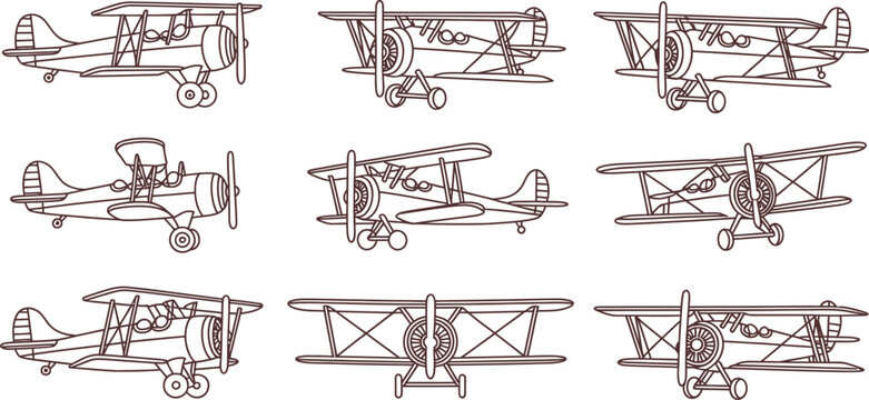 Vintage biplane, airplane, aircraft icons, 9 brown illustrations, aviation symbols, plane drawings