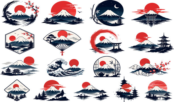 Collection of Traditional Japanese Mount Fuji Vector Illustrations Featuring Red Sun, Cherry Blossoms, Pagodas, Torii Gates, and Zen Landscapes for Travel and Cultural Design Projects