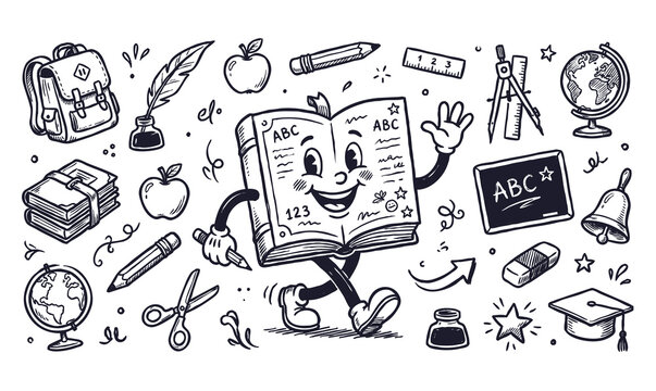 Vector rubber hose doodle set of a cute book mascot with back to school supplies and education elements.