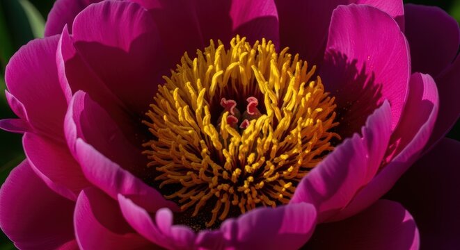 Macro view of a blooming magenta peony with detailed yellow stamens under bright sunlight.
