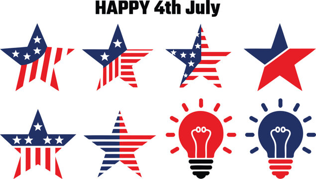 Vibrant collection of patriotic stars and lightbulbs celebrating American holidays and innovative spirit