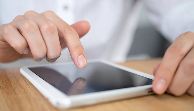 Hands using a white digital tablet on wooden table.