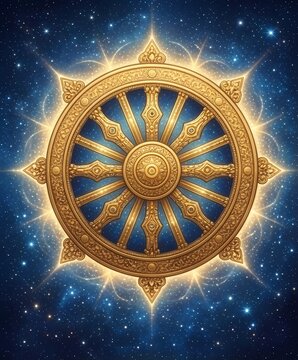 Golden Dhamma Wheel with Cosmic Starry Night Background Realistic Digital Art
