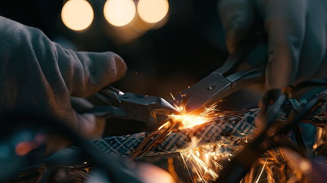 Sparks fly as gloved hands use pliers to cut through a thick cable