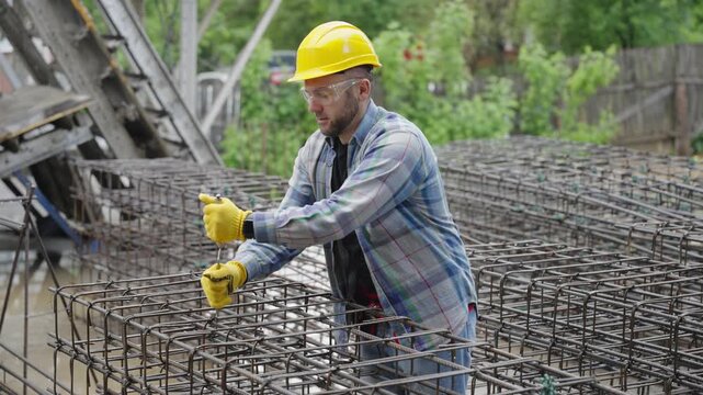Construction worker tying rebar for concrete foundation
