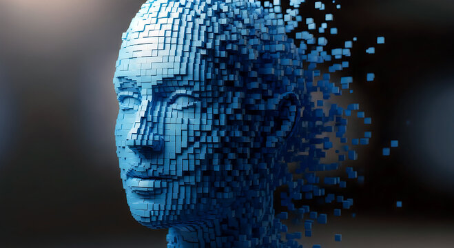 Digital pixelated human head profile with colorful noise and glitch effect