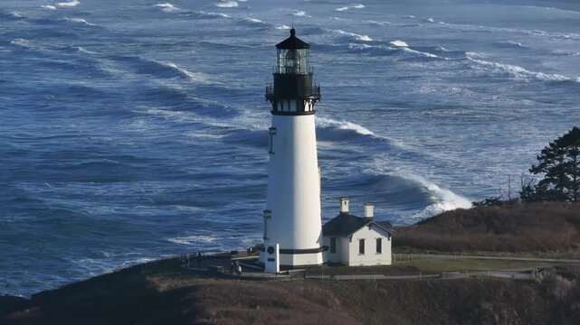 Aerial view of Yaquina Head Lighthouse in Newport, Oregan USA