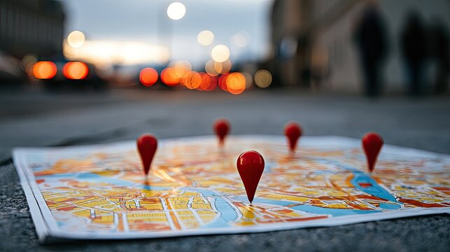 Red pins mark locations on a map laid on a street, city lights blurred background