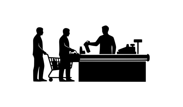 Grocery store checkout with cashier and customers silhouette vector illustration