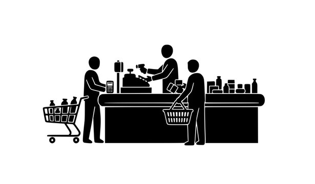 Retail checkout counter with cashier and shoppers silhouette vector illustration