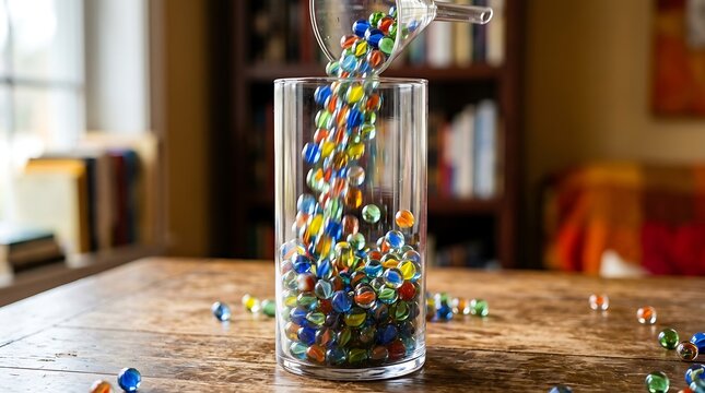 Many colorful glass marbles pouring into a clear tall glass cylinder
