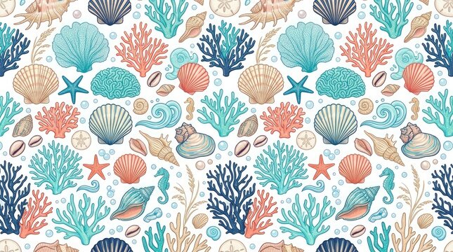 Vibrant oceanic seamless pattern with shells and coral