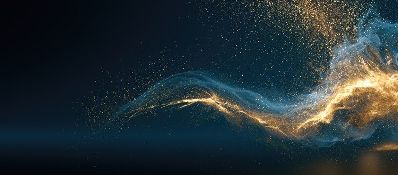 Blue and gold particulate matter swirls and disperses against a dark background