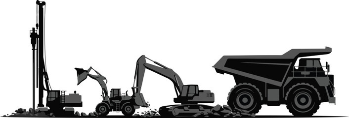 Heavy construction machinery silhouette set including drill, loader and dump truck © Nurcreator