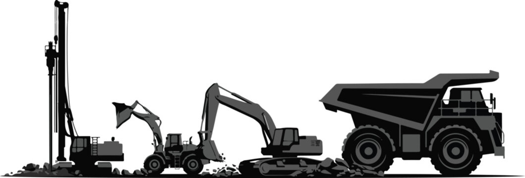 Heavy construction machinery silhouette set including drill, loader and dump truck