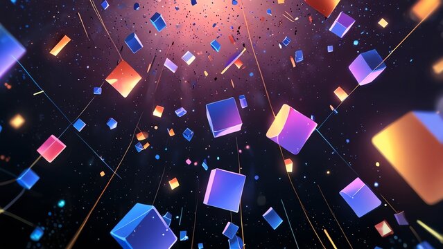 A captivating 3D digital artwork featuring colorful cubes floating in a vibrant, cosmic space, creating a sense of depth and motion, ideal for tech or abstract themes.
