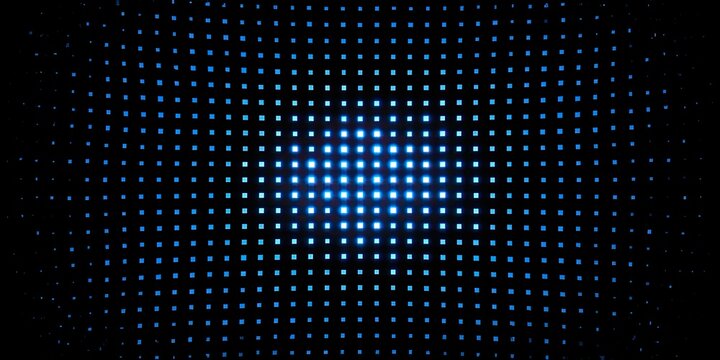 A dark background with a grid of glowing blue lights in a curved pattern
