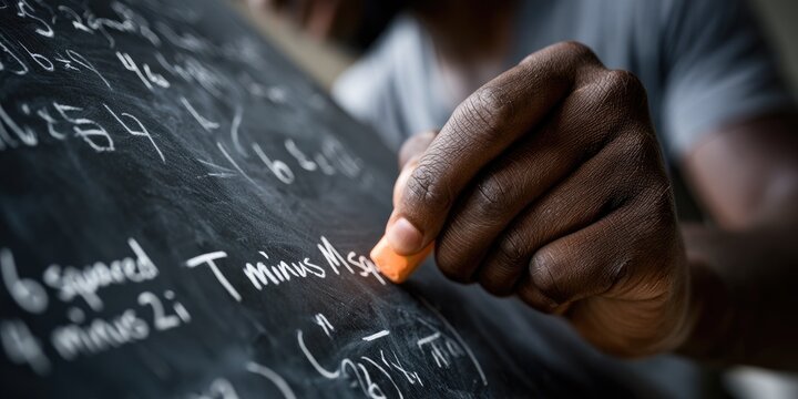 Close-up of a person's hand writing mathematical equations on a chalkboard with chalk (1)