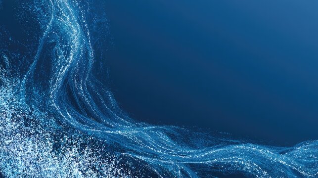Abstract swirling ocean currents with shimmering particles, deep blue background