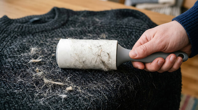 Lint Roller Cleaning Pet Hair from Sweater: Effective Clothing Care for Fabric Maintenance and De-linting Garments