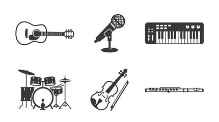 Naklejka premium Musical Instruments and Studio Equipment Black Glyph Icon Set Vector