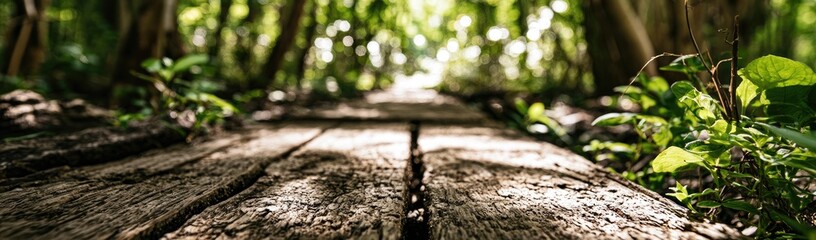 Fototapeta premium Sunlit wooden path winds through a lush, green forest