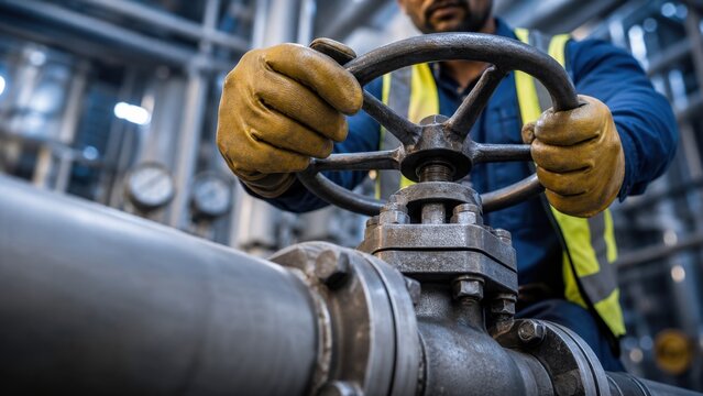 Industrial maintenance worker wearing protective leather gloves turns a large metal valve wheel to control fluid flow inside a manufacturing plant refinery