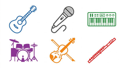 Naklejka premium Colorful Outline Musical Instruments And Studio Audio Gear Icon Set Vector