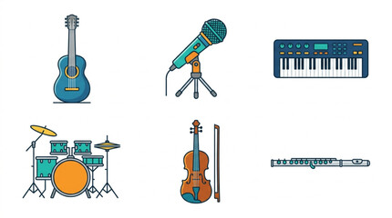 Naklejka premium Colorful Flat Vector Musical Instruments And Recording Studio Audio Gear Icon Set