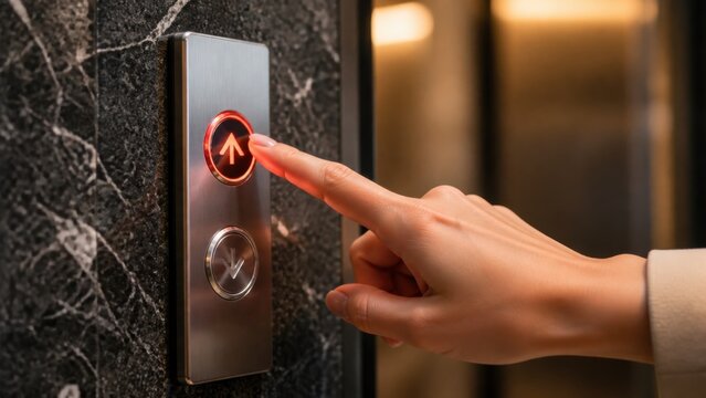 Woman's hand with elegant manicured finger presses glowing red up elevator button against luxury marble wall in high-end office lobby setting