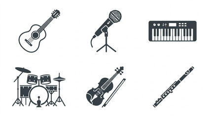Naklejka premium Minimalist Black Vector Musical Instruments And Recording Studio Gear Glyph Icon Set