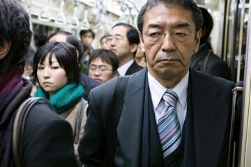 Obraz premium Crowded Train Commute With Japanese Salaryman