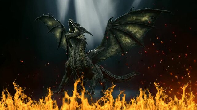 Majestic Dark Dragon Breathing Smoke Amidst Intense Fiery Flames