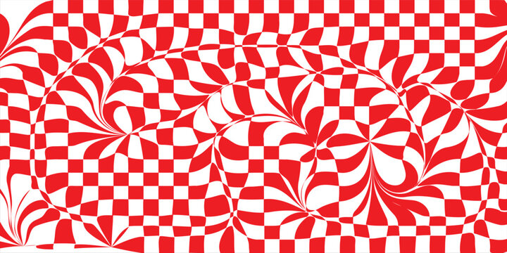 Warp Checkerboard Seamless Pattern. Groovy Distorted Checkered Background. Vector checkered background with optical illusion or distortion wave. Psychedelic dynamic banner background.eps,10