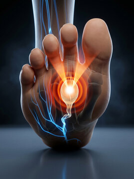 Foot Pain Relief, Nerve Inflammation, Medical Treatment, glowing painful foot anatomy showing nerve damage discomfort healthcare diagnosis and rehabilitation concept